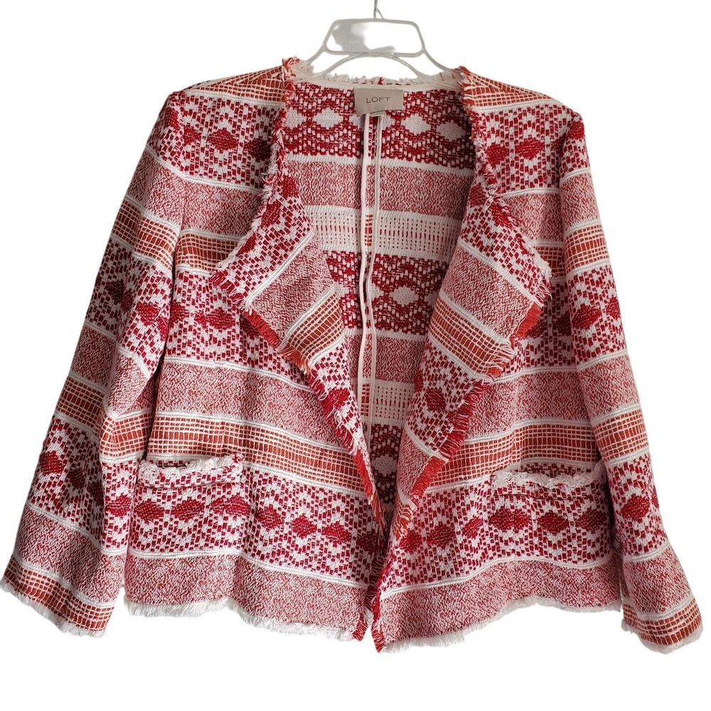 LOFT Jacket Women 14 Red White Tweed Stripe Fringe Open Front Pockets Collarless